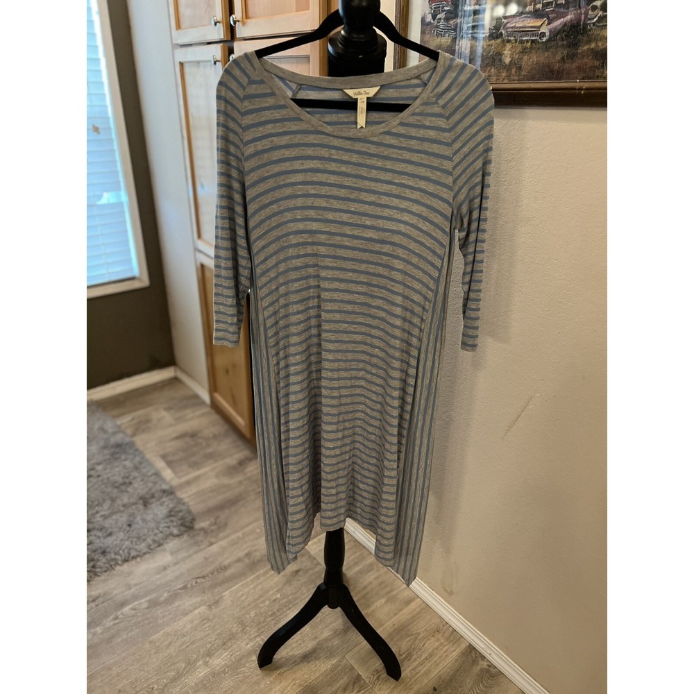 Matilda Jane Large Striped Swing Tee Shirt Dress Grey Blue Summer 3/4 Sleeve